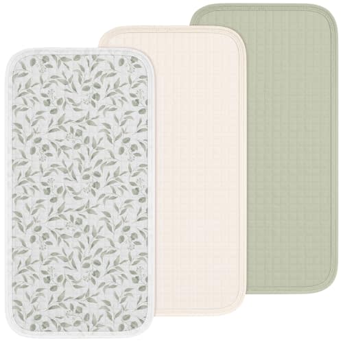 Breling 3 Pcs Waterproof Changing Pad Liners Reusable Baby Diaper Pad Liners for Girl Boy 27.5 x 14.2 Quilted Floral Cotton Changing Table Cover(Green Leaves)