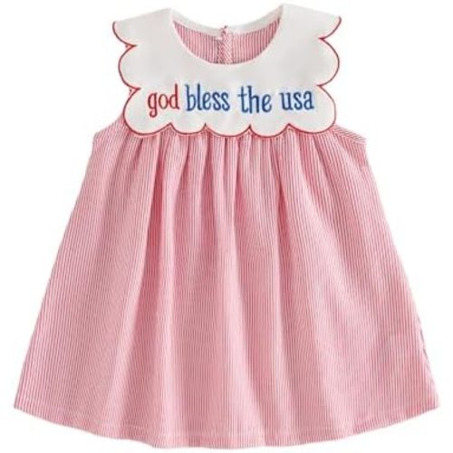 4th of July Toddler Baby Girl Outfit God Bless America Scalloped Collar Patriotic A-Line Summer Party Dress