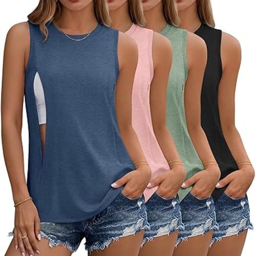4 Pack Women's Nursing Tank Tops with Hidden Zippers Breastfeeding Sleeveless Workout Shirts Loose Maternity Tops