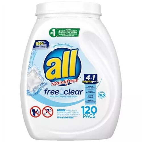 all Mighty Pacs Laundry Detergent Pacs, Free Clear for Sensitive Skin, Unscented and Dye Free, 120 Count