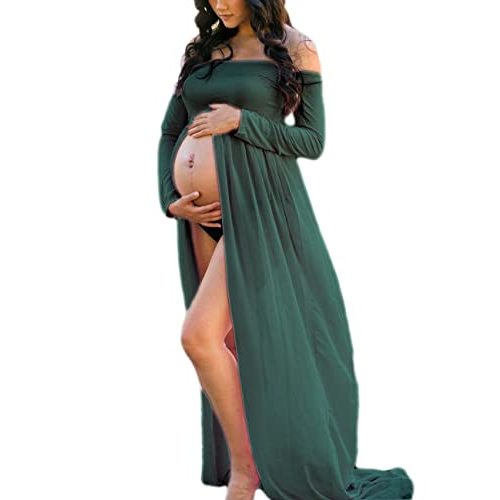 JustVH Maternity Off Shoulder Chiffon Gown Long Sleeve Front Split Maxi Photography Dress for Photoshoot