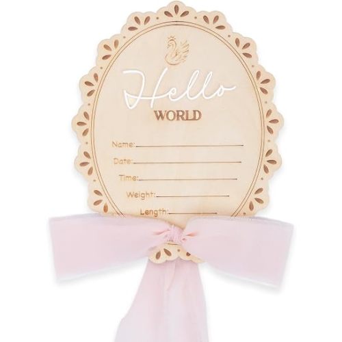 Baby Announcement Sign, 5.2 x 6.3 in Wooden Hello World Newborn Sign with Pink Bow, Infant Name Plate, Birth Stats Photo Prop for Hospital and Nursery Room Decoration