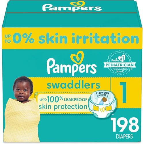 Pampers Swaddlers Diapers - Size 1, One Month Supply (198 Count), Ultra Soft Disposable Baby Diapers