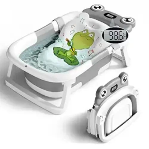 Baby Bathtub, Collapsible Newborn Bathtub for Infant to Toddler 0-24 Months with Soft Cushion and Thermometer,Portable Travel Newborn Tub with No-Slip Feet, Baby Shower Gifts,Grey