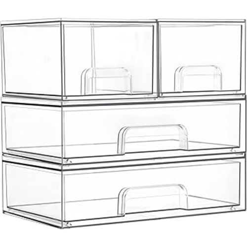 Vtopmart Stackable Storage Drawers Set of 4, Clear Plastic Organizer Bins for Bathroom Supplies,Ideal for Cabinet,Pantry,Laundry Room Organization