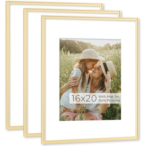 RICHFOCUS Aluminum Picture Frame - 16x20 Gold Metal Frame with Mat for 11x14 Photo, Floating Frame with Tempered Glass - Poster Frame Wall Hook Included for Gallery Wall, Set of 3