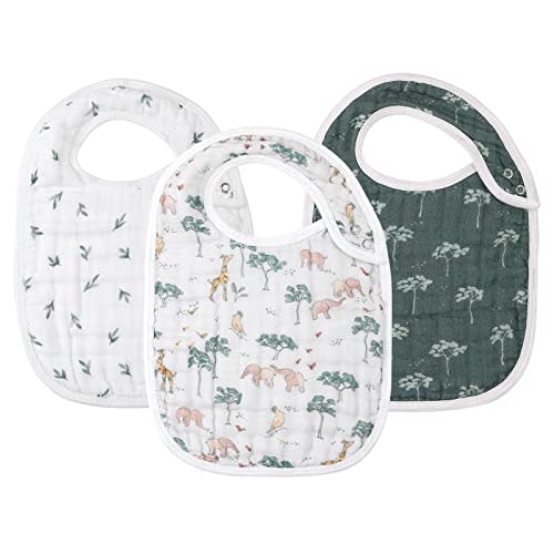 Snap Muslin Bibs for Boys & Girls,3-Pack Baby Bibs for Drooling and Teething,Cotton Muslin Absorbent & Soft Layers
