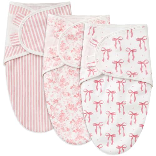 Janmercy 3 Pack Newborn Swaddle Blankets Soft 100% Cotton Blankets for Girls Cute Pink Floral, Striped & Bow Print Swaddling Wraps Breathable Infant Essentials Gift Set (0-3 Months)