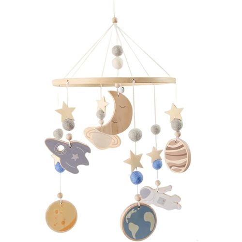 Crib Mobile, Rotated Hanging Baby Mobile for Crib Cute Wooden Wind Chime Baby Nursery Decor with Spaceship & Planets & Moon for Kids Room, 20x10" ..