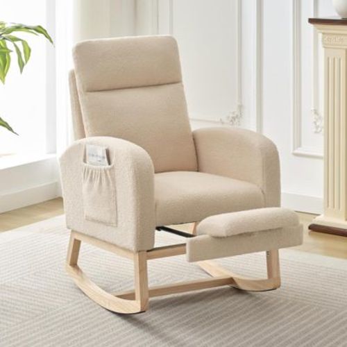Cozy Upholstered Glider Rocker with Adjustable Footrest & Side Pocket, Modern Nursery Accent Chair for Living Room, Beige Teddy Velvet