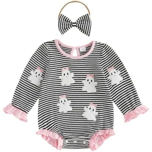 Twopumpkin Halloween Baby Girl Clothes Spooky Outfit Boo Ghost Bubble Sweater Romper Waffle Knit Long Sleeve Onesie Headband