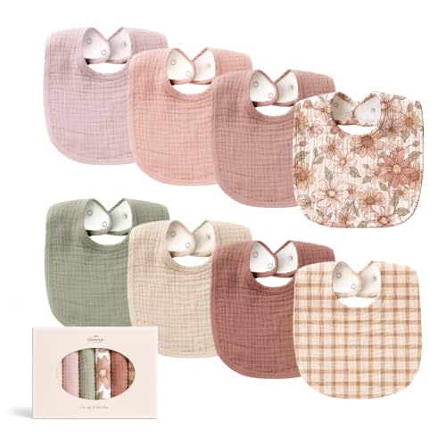 Konssy 8-Pack Muslin Baby Bibs, Adjustable Fit for Drooling and Teething | Soft Absorbent, Drool Bibs for Baby Boys Girls, Cotton Front with Fleece Backing, Newborn to Toddler 0-36M