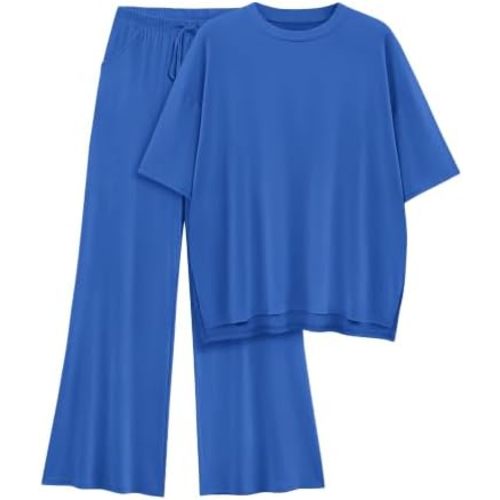 Womens Lounge Set 2026 Summer 2 Piece Outfits Oversized Short Sleeve Tops & Wide Leg Pant Matching Sets Clothing