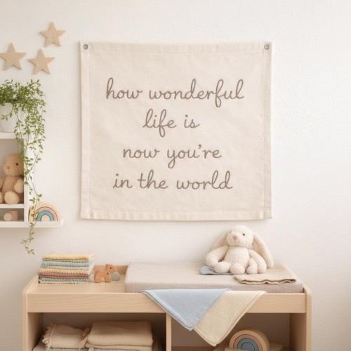 How Wonderful Life Is Hand Embroidered Canvas Wall Hanging, Nursery Decor, Neutral Baby Room Art, Newborn Keepsake