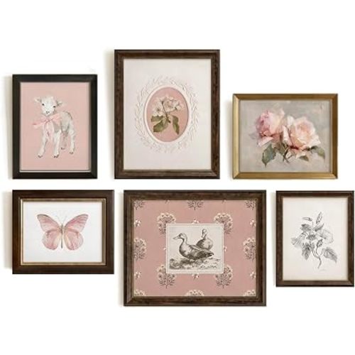 ZUOOOUI Pink Nursery Wall Art Set of 6, Vintage Cottage Decor for Baby Girl Room, Farm Animal Nursery Wall Decor, Soft Farmhouse Style, Unframed Posters 8x10 inch
