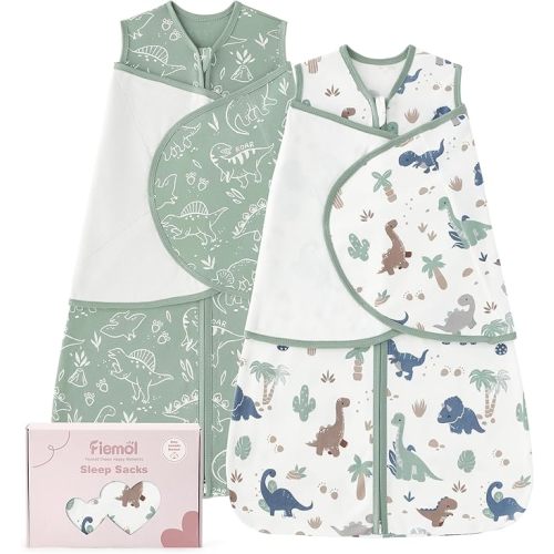 Baby Swaddle Sleep Sack 3-6 Months, Cotton Swaddles for Newborns Boys Girls, 2-Way Zipper Transitional Infant Wearable Swaddling Blanket with Quiet Closure, 0.5 TOG 2 Pack Soft Green Dinosaur