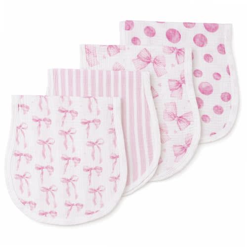 4 Pcs Pink Bow Burp Cloths Baby Girls, 22" x 10.6" Cotton Spit Up Rags | Muslin Burping Towels, Pink Coquette Themed, Absorbent Cotton, Infant Newborn Gifts, Baby Girl Nursery Decor