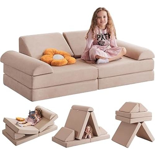 Kids Couch Play Couch Large, Miss Fabric Modular Foam Floor Sofa Soft Play Equipment, Convertible Sofa Bed and Playhouse
