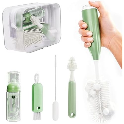 Bottle Cleaning Kit, 5-in-1 Push-Press Bottle Brush Set with Silicone Brushes
