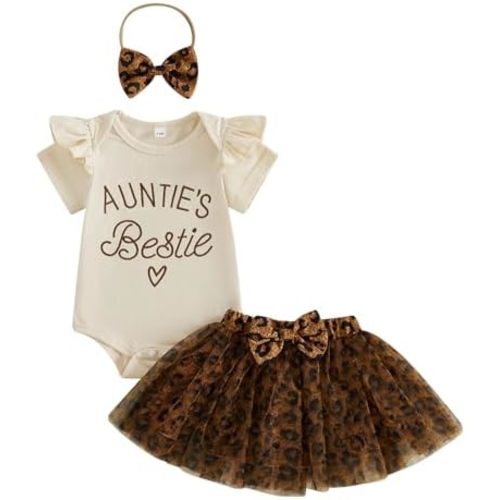 Aunties Bestie Baby Clothes Girl Aunt Saying Letter Ruffle Romper Shirt+Leopard Bloomer Short/Skirt Headband Outfit