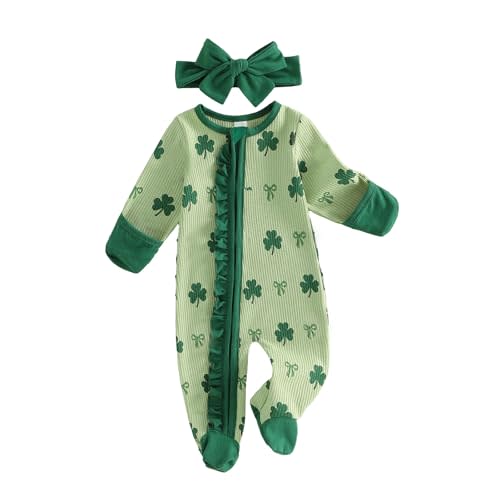 Ayalinggo St Patricks Day Baby Girl Outfit Infant Newborn Footie Waffle Knit Romper Zippers Ruffle Jumpsuit Shamrock Clothes