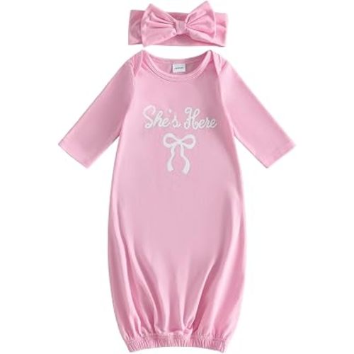 fhutpw Newborn Baby Girls Cotton Sleeper Gown She Is Here Nightgown Pajamas