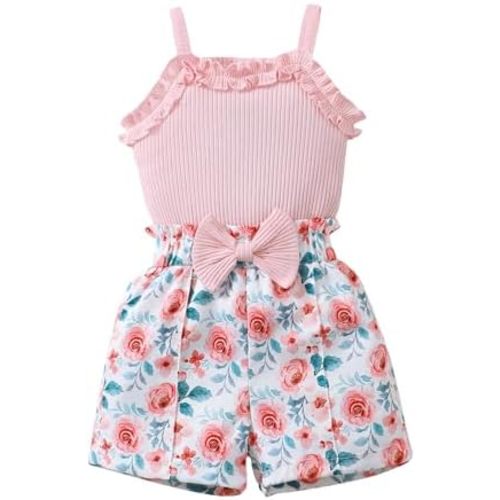 Kucnuzki Toddler Baby Girl Clothes Sleeveless Tank Tops Ruffle Halter Shirts Floral Shorts 2 Piece Set Summer Outfits