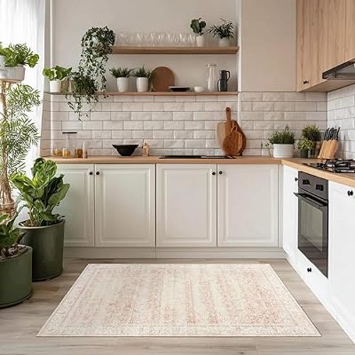 BILEEHOME Vintage Pink Rug 3x5 Washable Non Slip Floral Aesthetic Indoor Rugs for Entryway Kitchen Low Pile Carpet for Laundry Room Bathroom Front Door Mat for Entrance 3 x 5