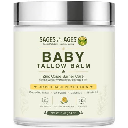 Baby Diaper Balm for Rash Protection with Grass-Fed Tallow & Zinc Oxide | Petroleum-Free Baby Rash Cream Alternative & Barrier Balm with Calendula and Bisabolol in a Wide-Mouth Glass Jar - 4 Oz