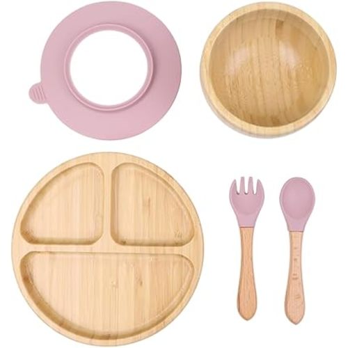 Bamboo Toddler Plate & Bowl Set with Strong Suction – Includes Plate, Bowl, Spoon & Fork – Baby Plates with Suction for Baby Led Weaning, Kids Feeding Essentials, Non-Toxic & BPA Free
