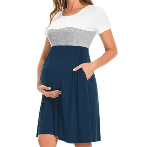 Bearsland Women’s Maternity Dresses with Pocket | Long Sleeve Scoop Neck Pregnancy Dress