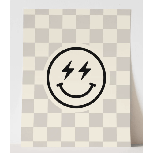 {Light Grey & Natural Check} Smiley Face Art Print