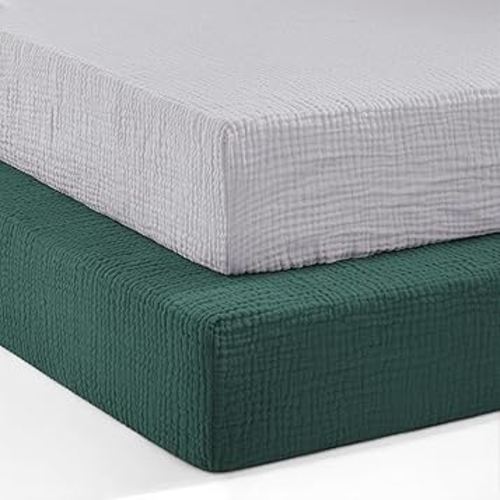 Pro Goleem 2 Pack Muslin Crib Sheets for Boys and Girls, Soft Breathable Neutral Fitted Cotton Baby Bed Sheets Set for Standard Crib Mattress & Toddler Mattress 52"x28", (Grey&Green)