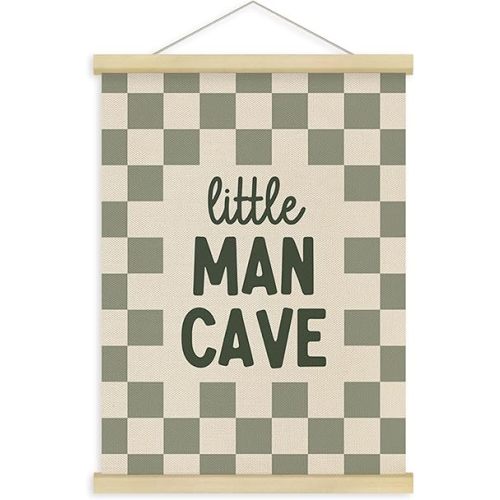 Fewgb Little Man Cave Wall Art Decor for Baby Boys Nursery Kids Room Bedroom Playroom, Sage Green Hanging Poster Framed with Hanger, Green Checked Plaid Picture Prints 12x16