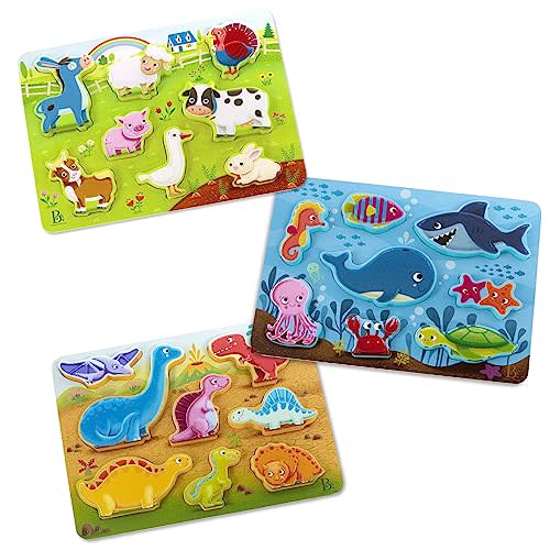 B. toys- Peek & Explore 3-Pack - Farm, Sea, Dinos- Chunky Puzzle 3-Pack – Wooden Puzzles- 8 Pieces Each – 2 Years +
