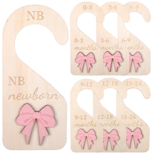 7 Pieces Wooden Baby Closet Dividers - 3D Coquette Pink Bow Baby Clothes Dividers for Closet Newborn Clothes Organizer Double-Sided Wardrobe Hanger Nursery Decor Birthday Gift (0-24 Months)