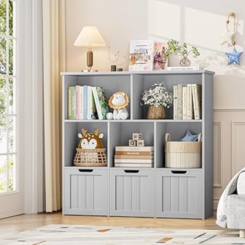 FOTOSOK Toy Storage Organizer with 3 Movable Drawers, Floor Storage Cabinet Toy Organizer with Hidden Wheels and 5 Storage Cubbies, Multifunctional Toys Chest for Playroom, Grey
