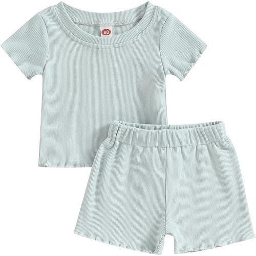 Kupretty Toddler Baby Girl Summer Clothes Ruffle Ribbed Knit Short Sleeves T-Shirt Tops + Shorts Cute Outfits Set