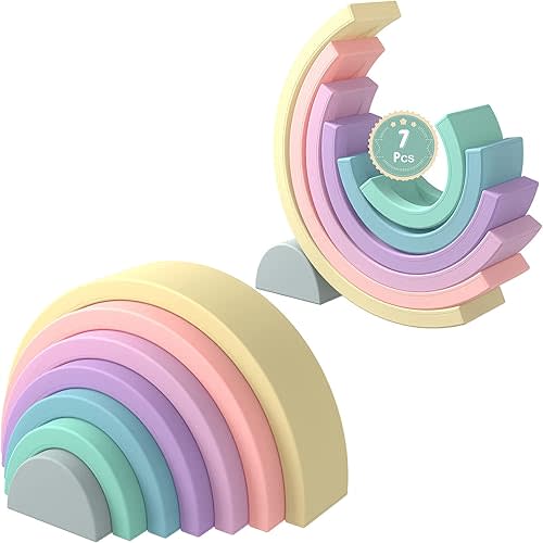 MCGMITT Rainbow Stacking Toy, Silicone Rainbow Stacker for Toddlers, Montessori Nesting Blocks, Building Creative Color Shape Matching Toy Set, 7 Layers (Pastel)
