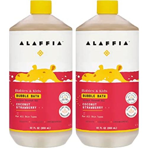 Alaffia Babies and Kids Bubble Bath, Gentle Baby Essentials for Delicate Skin, Cleansing & Calming Bubbles, Plant Based Formula, Vegan, Coconut Strawberry (2 Pack - 32 Fl Oz Ea)