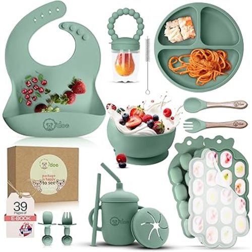 O'doe Baby Weaning Set – 15 Pcs Silicone Baby Feeding Set with Suction Plate, Bowl, Bib, Sippy Cup, Fruit Feeder, Freezer Tray