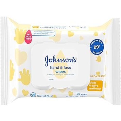 Johnson's Hand & Face Baby Sanitizing Cleansing Wipes for Travel and On-the-Go, No More Tears Formula, Paraben and Alcohol Free, 25 ct (Pack of 4)