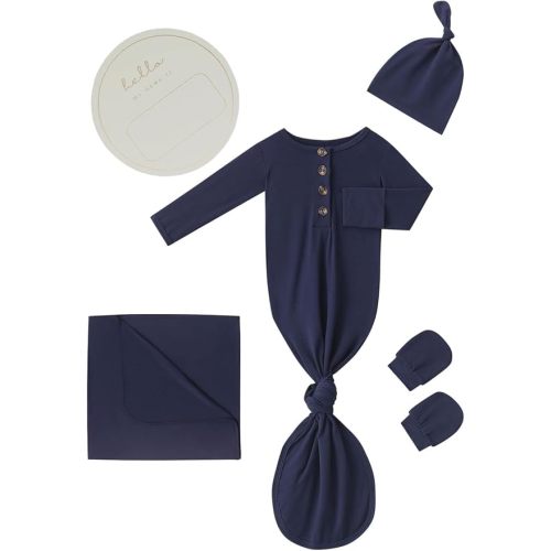 Newborn Baby Swaddle Blanket Set with Baby Knotted Gown, Mittens, Hat - Bamboo Viscose Receiving Blanket Bundle (Navy)
