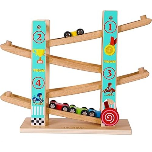 TOWO Pure Wooden Car Ramp - Zig Zag Car Slide Run with 4 Wooden Cars Playsets-Click Clack Track Toys for Toddlers -Racing Car Toys for Kids Boys Girls 2 3 4