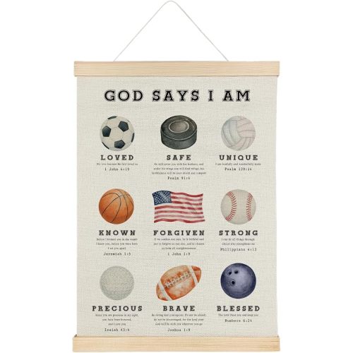 ATBWGT Inspirational Christian Sports Wall Art Decor, God Says I Am Religious Bible Verse Sports Poster Hanger Frame for Kids Boys Room Bedroom Nursery Playroom, 12x16 Inch