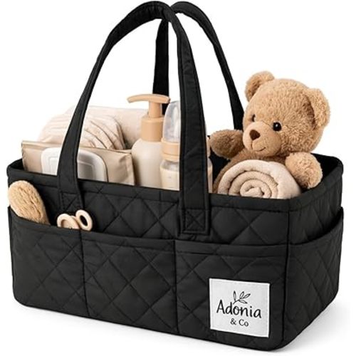 Adonia & Co Diaper Caddy Organizer – Nursery Storage Basket for Newborn Essentials Must Haves & Baby Must Haves – Portable, Machine Washable Baby Diaper Bag Organizer (Black)
