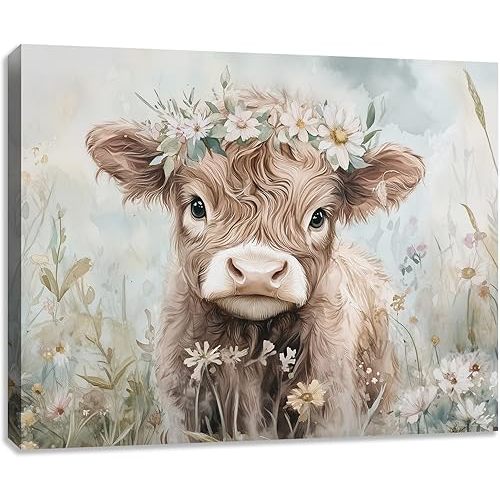 Funny Cute Highland Cow Canvas Wall Art Highland Cattle Picture Painting Wall Decor Flowers Animals Poster Print Artwork Decoration for Farmhouse Living Room Bedroom Home Decor 16L x 12W