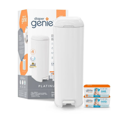 Diaper Genie Platinum Pail Gift Set, Lily White, Made of Durable Stainless Steel and Includes 2 Easy Roll Refills with 18 Bags and 30 Bags
