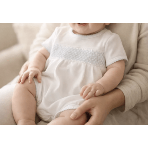 Essentials Smocked Bubble - White with Blue Trim (3months or 6 months)
