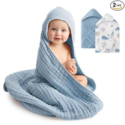 Baby Bath Towels, 100% Muslin Cotton Hooded Baby Towels for Newborn, 2 Pack Baby Towels with Hood for Infant Toddler and Kids, Large 32x32Inch Unisex Bath Essentials, Soft and Absorbent